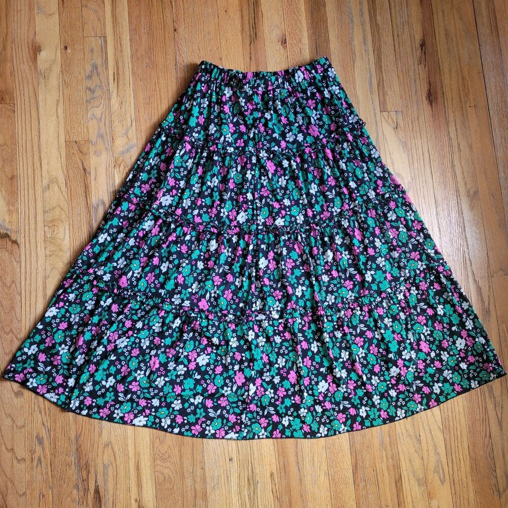 Luna Women's Multicolor Floral Print Elastic Waist Pull On Maxi Skirt Size Large